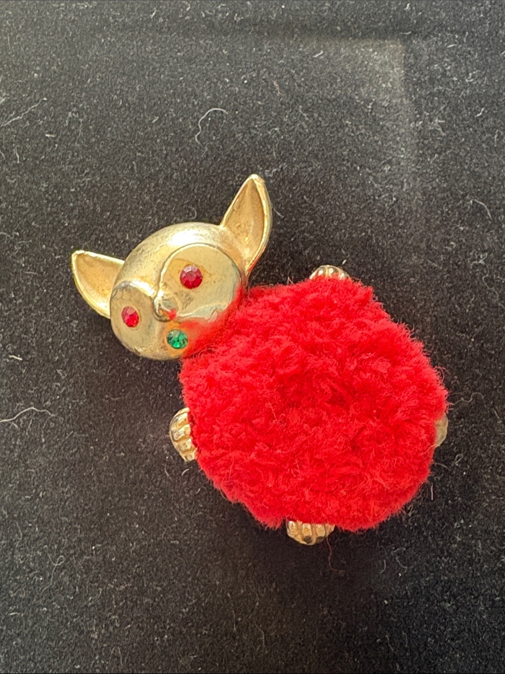 Vintage Brass Kitten Pin Cushion Rhinestone red & green eyes.